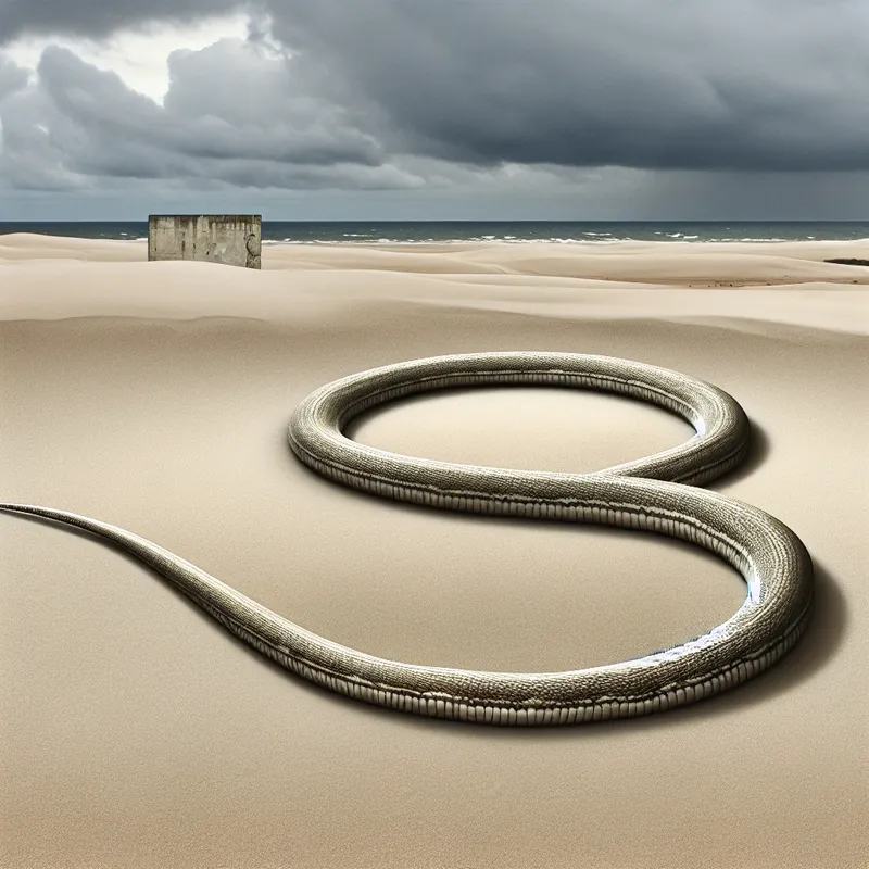 Hyperrealistisch surrealistisch tafereel van het cijfer 9 in het zand met een slang die de vorm volgt, op een verlaten strand onder een sombere lucht
