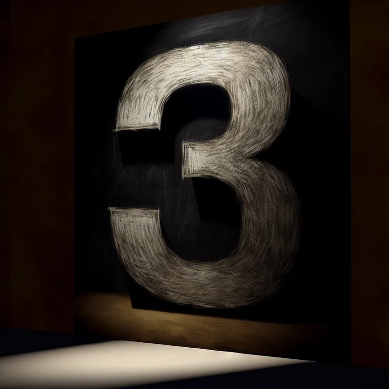 Dramatische voorstelling van het cijfer 3 op een krijtbord, geïnspireerd op de stijl van Rembrandt met diepe schaduwen en realistische krijtstreken