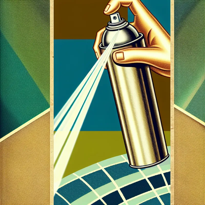 Hand houdt een cilindervormige spuitbus met slagroom die slagroom spuit op een stuk taart in retro-futuristische stijl