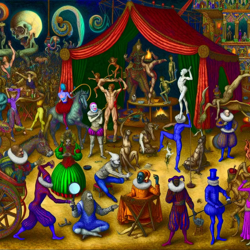 Surrealistische scène van een groep circusartiesten die trainen in een extravagante omgeving, met clowns, acrobaten en goochelaars, omringd door bizarre wezens.
