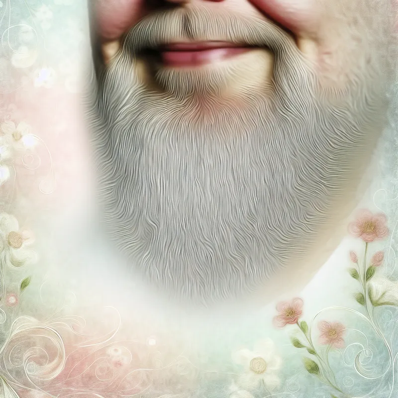 Dichtbij opname van een man's baard met zachte grijze haren die in het licht glanzen, in een dromerige vintage-achtige setting.