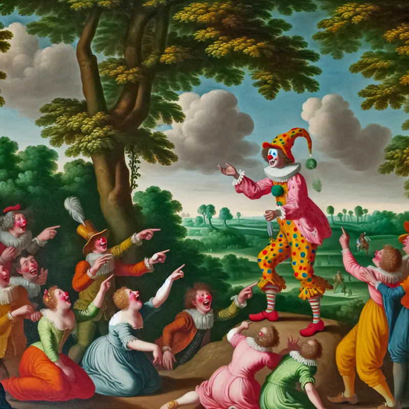 Een clown in kleurrijke, mismatched kleding probeert te jongleren tijdens een buitenfestival, omringd door lachende kinderen.