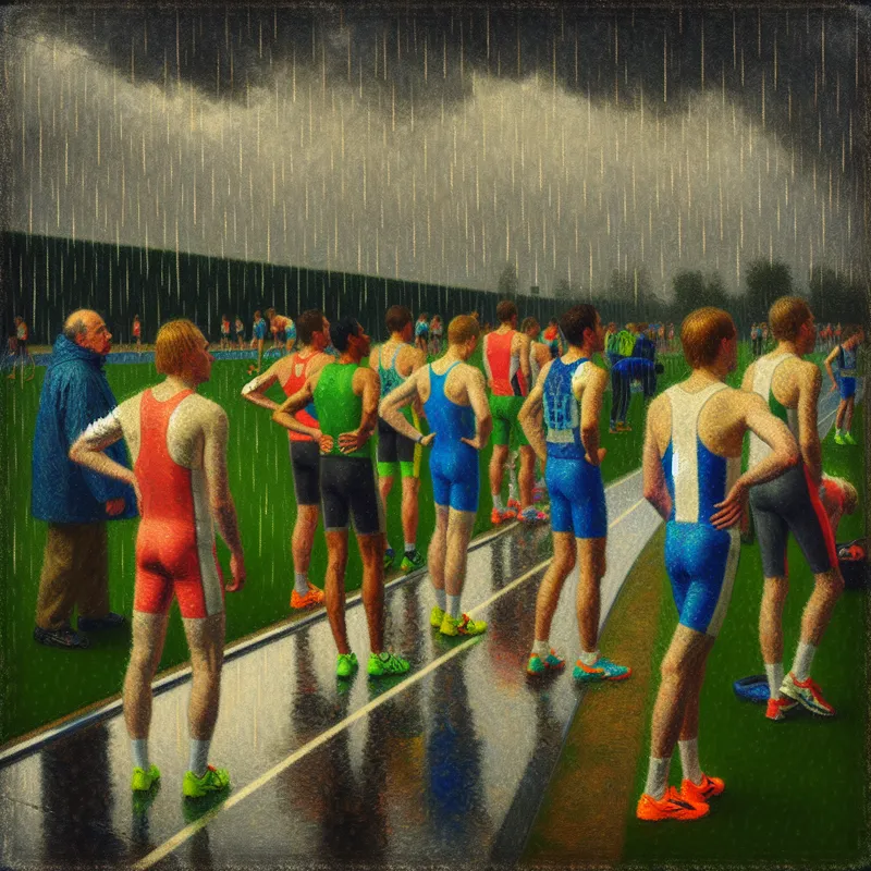Een coach signaleert het einde van een training door hevige regen, met atleten die teleurgesteld en vastberaden zijn.