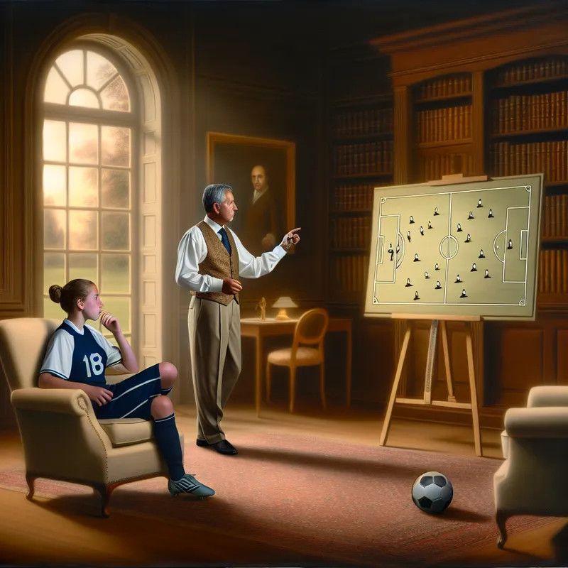 Een coach geeft instructies aan een jonge atleet in een sfeervolle studieruimte met een tactisch bord.