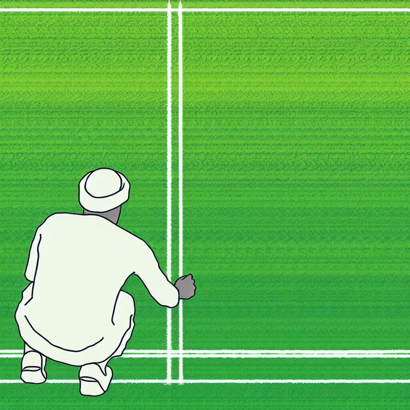 Minimalistische illustratie van een coach die met krijt lijnen markeert op een sportveld, gezien vanuit vogelperspectief