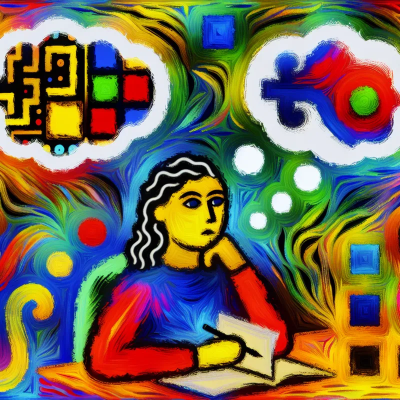 Abstracte voorstelling van een persoon die een cognitieve vaardigheidstest (CAT) maakt, met levendige kleuren en expressieve penseelstreken in de stijl van Karel Appel