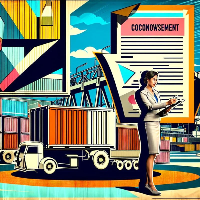 Moderne retro-futuristische scène van een verzendingshaven met een vrachtwagen die een container met het label 'Cognossement' uitlaadt, terwijl een verzendingsmedewerker een groot document met 'Bewijs' onderzoekt.
