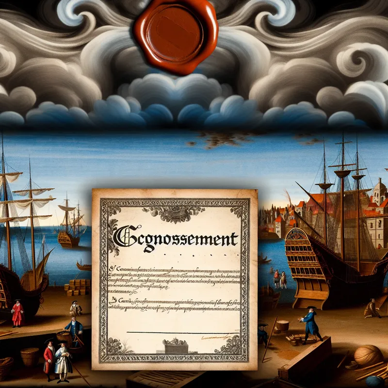 Oud document 'cognossement' met voorwaarden voor goederenoverdracht, op de voorgrond, met drukke haven op de achtergrond