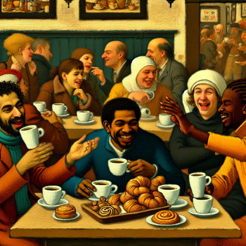 Een groep collega's geniet van koffie en een vrolijk gesprek in een levendig café, omringd door een uitnodigende sfeer.