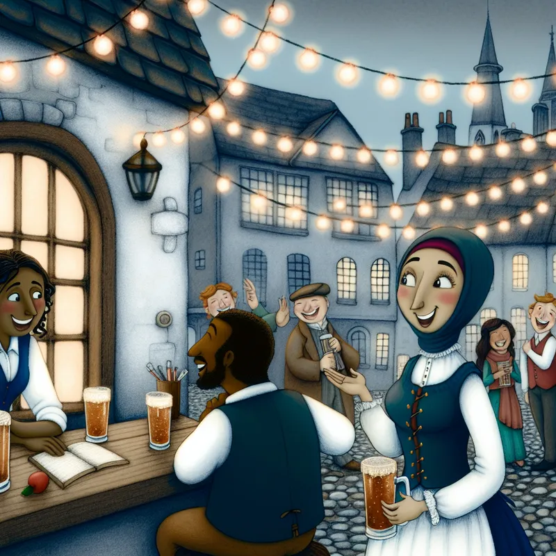 Een groep diverse collega’s staat buiten een vintage pub, lachend en met drankjes in de hand, onder sfeervolle fairy lights.