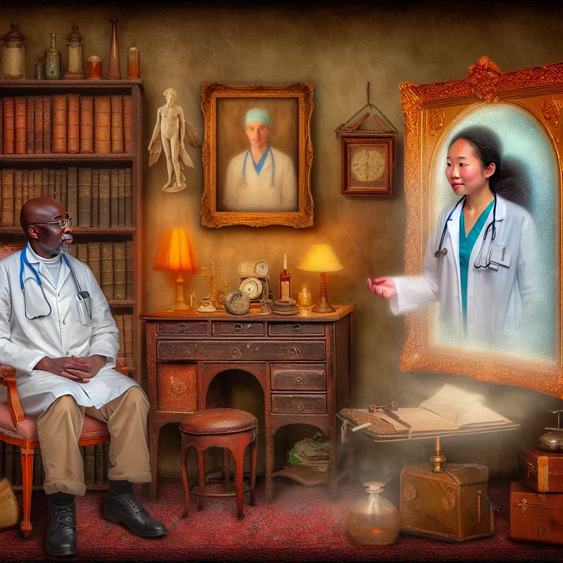 Twee artsen in witte jassen verbonden door een magische spiegel, symboliserend collegialiteit binnen hetzelfde beroep over verschillende werkplekken