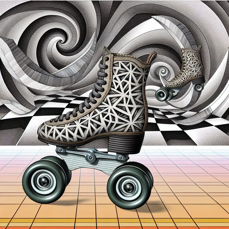 Een paar rolschaatsen met geometrische en optische illusiepatronen die in een dynamische houding zijn weergegeven, met een achtergrond die doet denken aan de stijl van M.C. Escher.