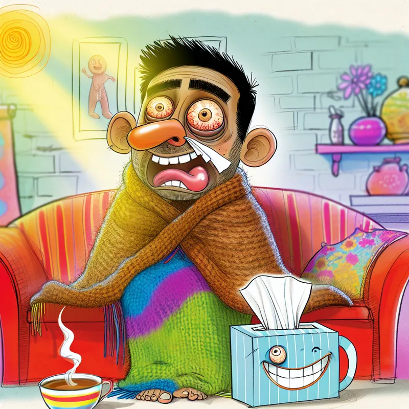 Een cartoonfiguur zit comfortabel op een bank onder een deken, met een vrolijke uitdrukking, naast een lachende tissue doos en een dampende kop thee.