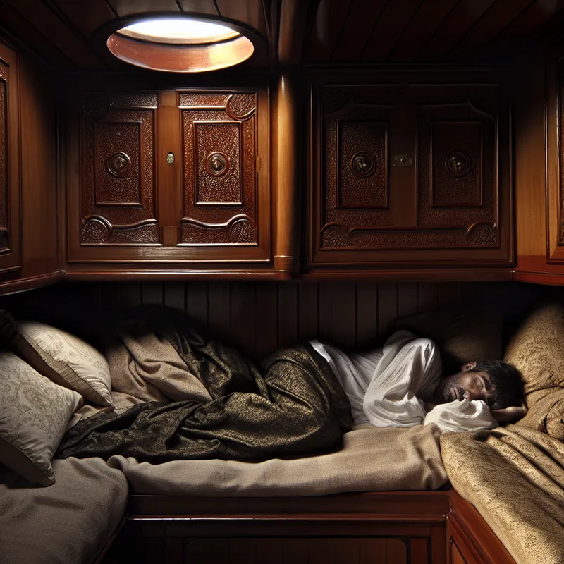 Een rustgevende scheepskoog met een slapende zeeman, omgeven door zachte stoffen en nautische elementen.