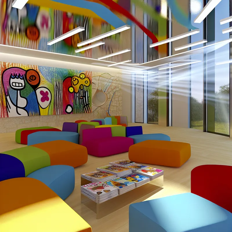 Vibrante wachtkamer met comfortabele stoelen en abstracte kunst