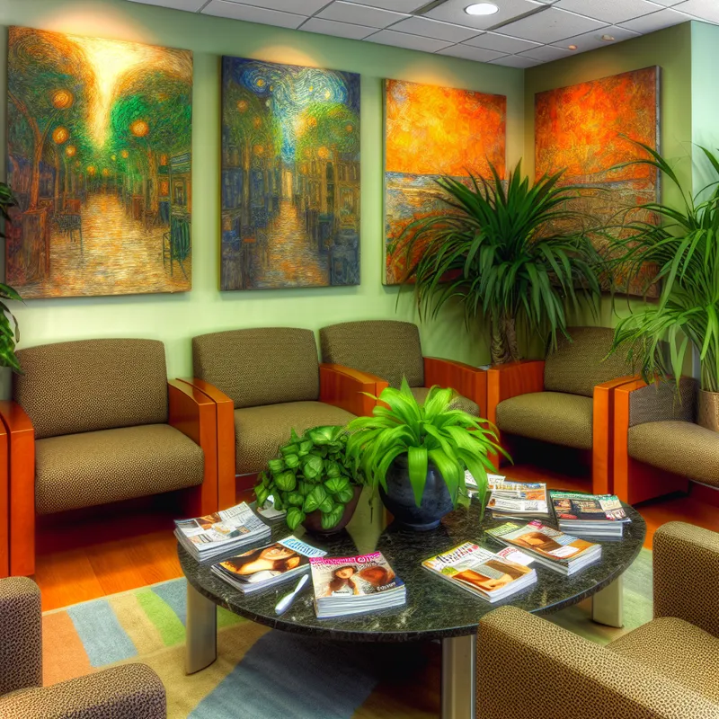 Gezellige wachtkamer met comfortabele stoelen, een salontafel vol tijdschriften en weelderige groene planten, verrijkt met levendige schilderijen in de stijl van Van Gogh.