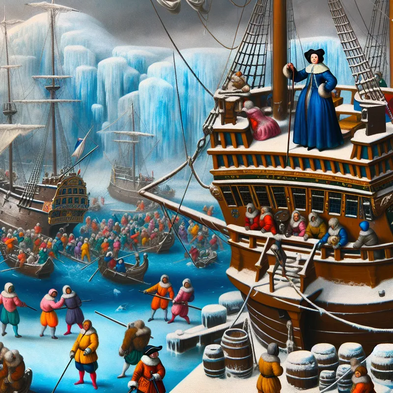 17e-eeuws Nederlands schip in bevroren haven met kapitein op de brug die door een telescoop kijkt, bemanning aan het werk op het dek