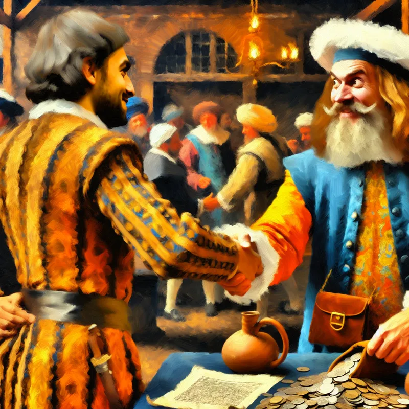 17e-eeuwse Nederlandse marktscène met handdruk tussen handelaar en klant, munten en contract als symbool voor verdiende commissie