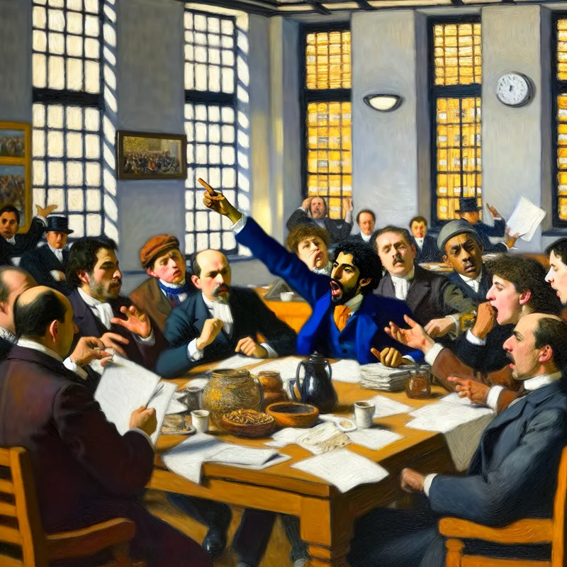 Groep diverse mensen rondom een grote tafel tijdens een levendige vergadering, met een persoon in het midden die enthousiast een hand opsteekt.