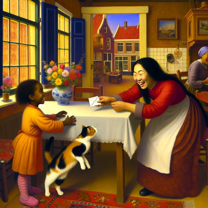 Een vrouw in een gezellige Nederlandse woonkamer toont een opgevouwen notitie aan een jong meisje, terwijl een nieuwsgierige kat op de tafel springt.