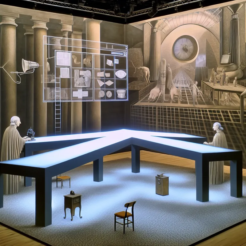 Een hyper-realistisch perspectief van een grote, open ruimte met twee monumentale figuren die elkaar tegenover een lange tafel aan het gesprek zijn. De tafel is bezaaid met verschillende communicatiemiddelen zoals een vintage telefoon, een laptop die een e-mail toont en handgeschreven brieven.