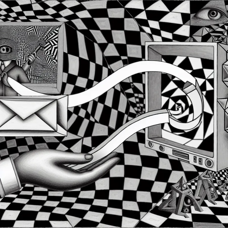 Surrealistische illustratie van communicatie via verschillende media, zoals e-mail en televisie, in de stijl van M.C. Escher met geometrische patronen en optische illusies