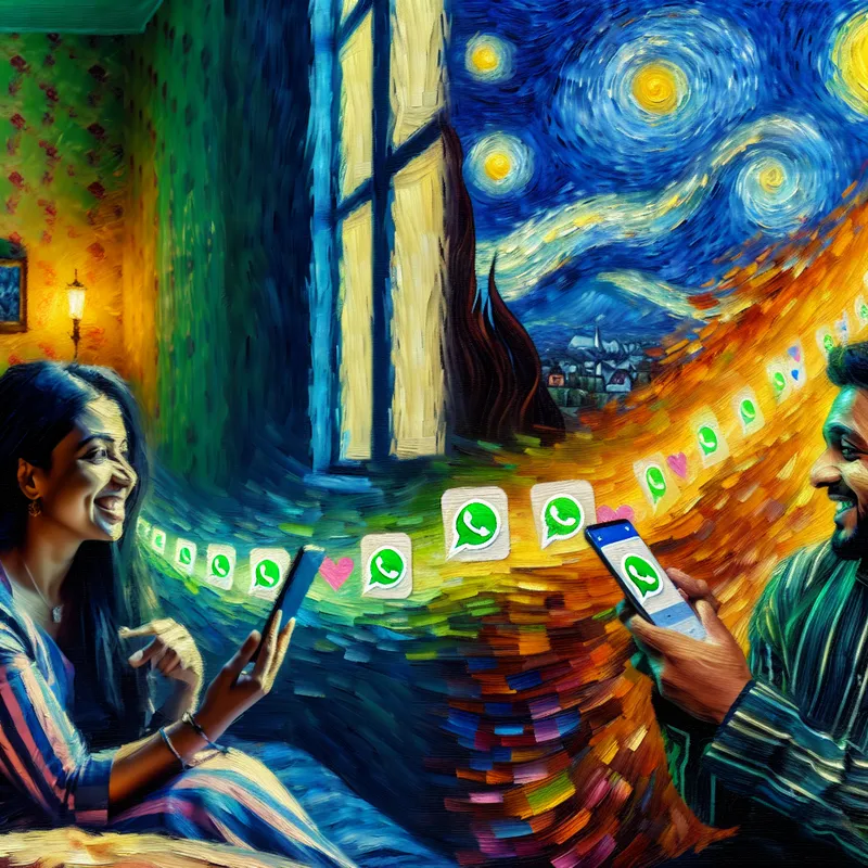 Twee mensen onderhouden een warme relatie op afstand via WhatsApp, geschilderd in de expressieve stijl van Vincent van Gogh met levendige kleuren en dynamische penseelstreken