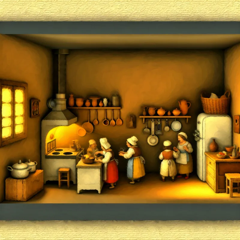 Een gezellige en compacte keuken met een kookplaat, koelkast en kleine wastafel, vol leven en interactie.