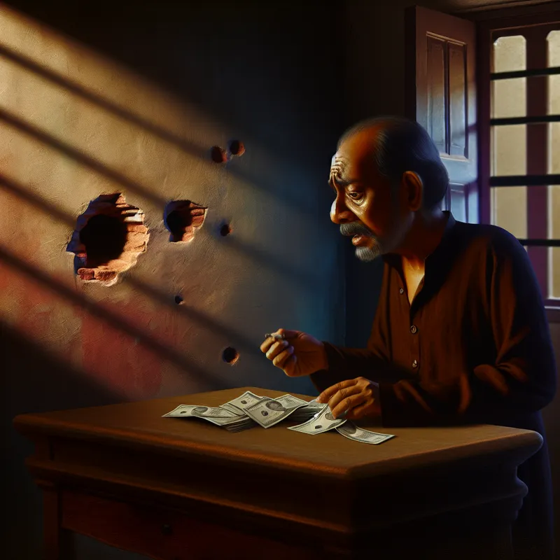 Een man met een bezorgde uitdrukking die nerveus geld telt op een houten tafel in een zwak verlichte kamer.