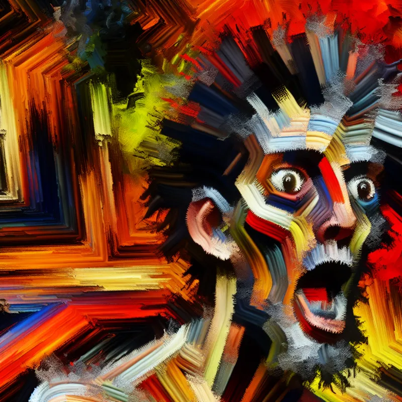 Abstract expressionistisch schilderij van een verwrongen figuur dat totale waanzin uitbeeldt met felle kleuren en chaotische penseelstreken