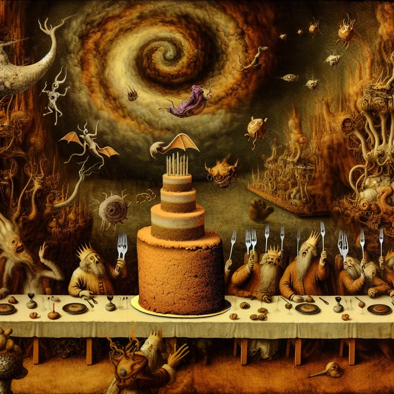 Surrealistisch tafereel van een enorme, ongedeelde taart omringd door vreemde wezens, symbool voor iets dat compleet en onverdeeld is
