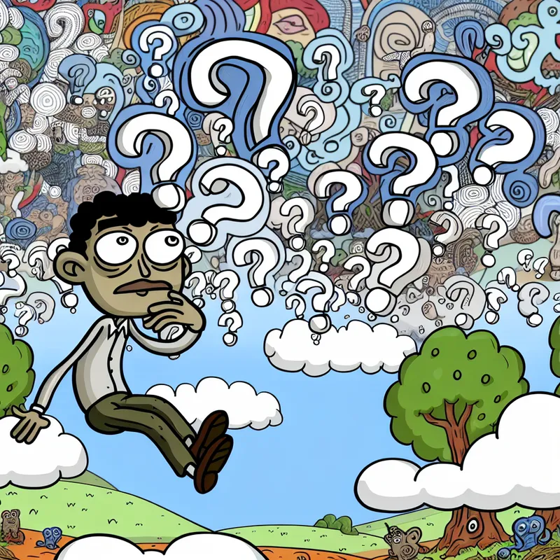 Een cartoonachtige afbeelding van een personage dat in gedachten verzonken is, zwevend in een surrealistisch landschap vol met zwevende vraagtekens en abstracte levenssymbolen.