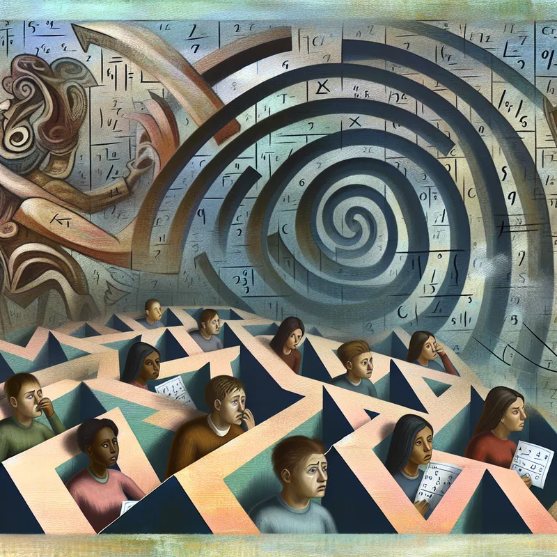 Een groep studenten met bezorgde gezichten in een complexe labyrint, gehouden door puzzels en wiskundige symbolen, geïnspireerd op M.C. Escher.