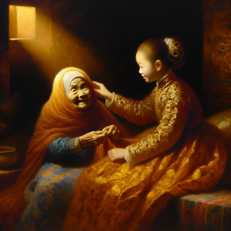 Jong meisje met gouden krullen omarmt liefdevol haar oma in een warm verlichte kamer, symboliserend een oprecht compliment als zorgzame daad