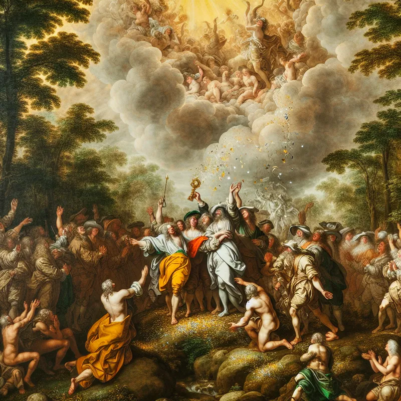 17e-eeuws Hollands landschap met zegevierende sporters op een podium, confetti en juichende menigte, symboliserend complimenteren en aanmoediging