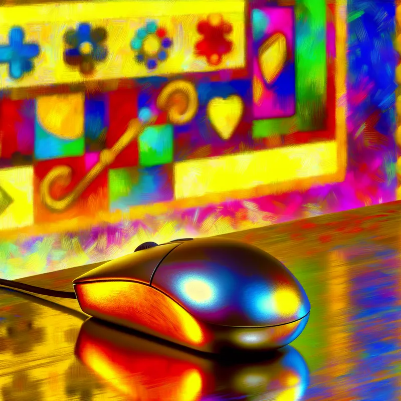 Close-up van een gebruikte computer muis op een modern bureau met kleurrijke iconen op het scherm op de achtergrond.