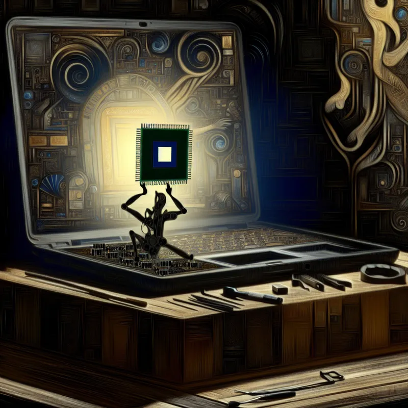 Donker verlichte illustratie van een computerchip die voorzichtig wordt vervangen in een open laptop, omgeven door gereedschap en afgemonteerde onderdelen.