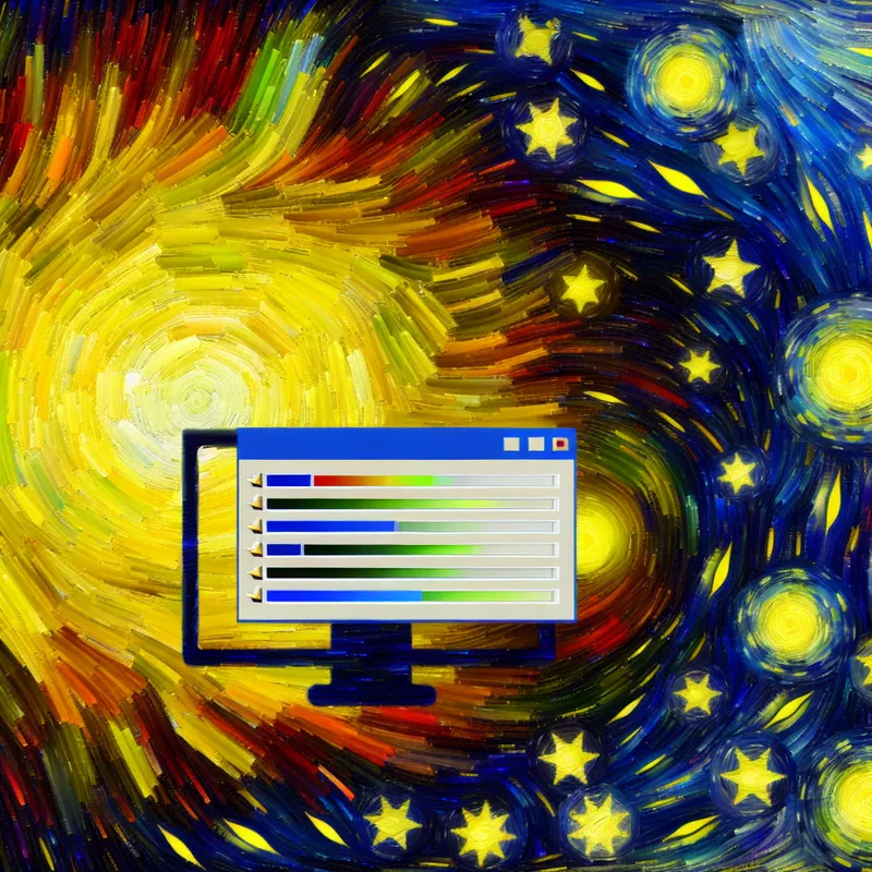 Vibrante afbeelding van een computerinstallatieproces met een monitor en kleurrijke voortgangsbalken in de stijl van Van Gogh