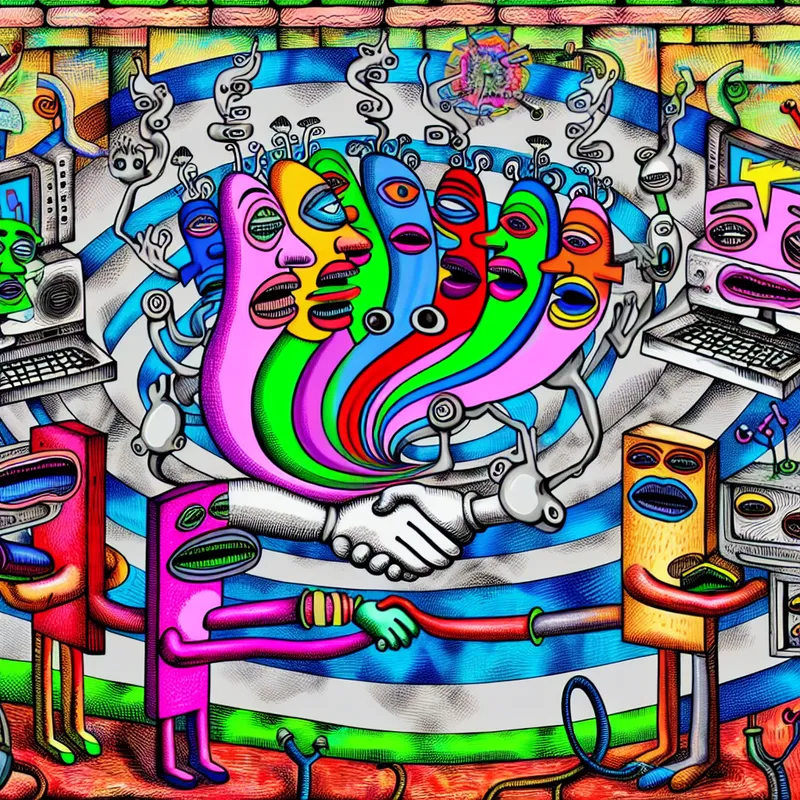 Een speelse cartoon van kleurrijke computers en laptops met verschillende gezichten die communiceren in een levendige kamer.