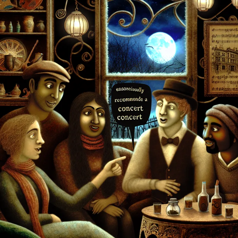 Een jonge man raadt enthousiast een concert aan aan een groep vrienden in een vintage café