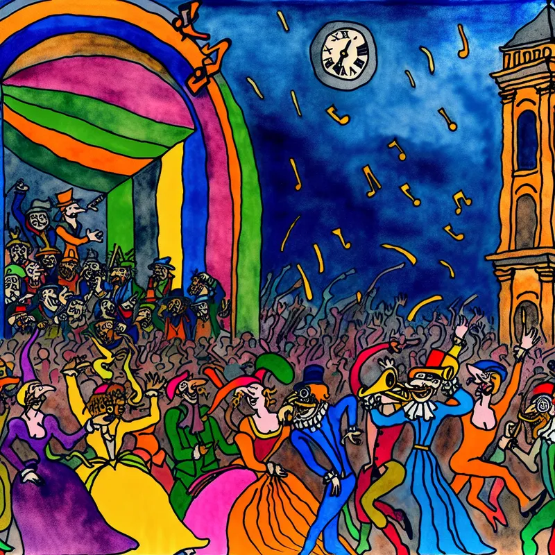 Een levendige cartoonachtige voorstelling van een concert met dansende personages en een klok die bijna middernacht aangeeft.
