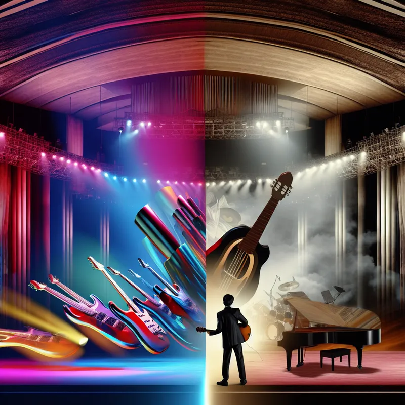 Een muzikant op een podium, wisselend tussen rock en jazz, met contrasterende visuals aan weerszijden.