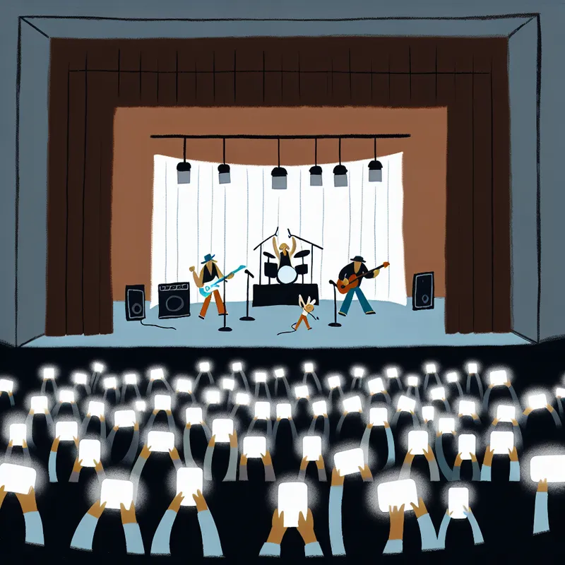 Een concertpodium in het donker met publiek dat telefoons opsteekt als verlichting