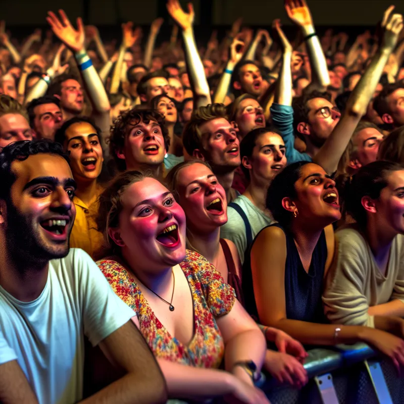 Een enthousiaste menigte op een concert, met mensen die zich vol overgave in de muziek verliezen.