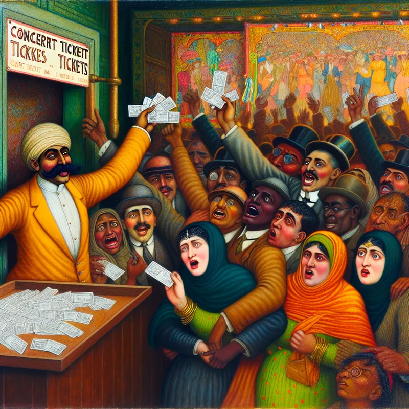 Drukke concertticketbalie met een enthousiaste verkoper die twee glanzende concerttickets vasthoudt, omringd door een opgewonden menigte.