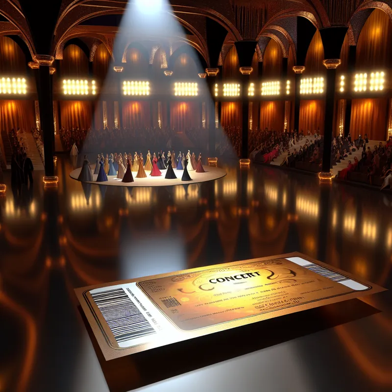 Een hyper-realistisch concertticket op een gepolijste ondergrond met een drukke concertzaal op de achtergrond.