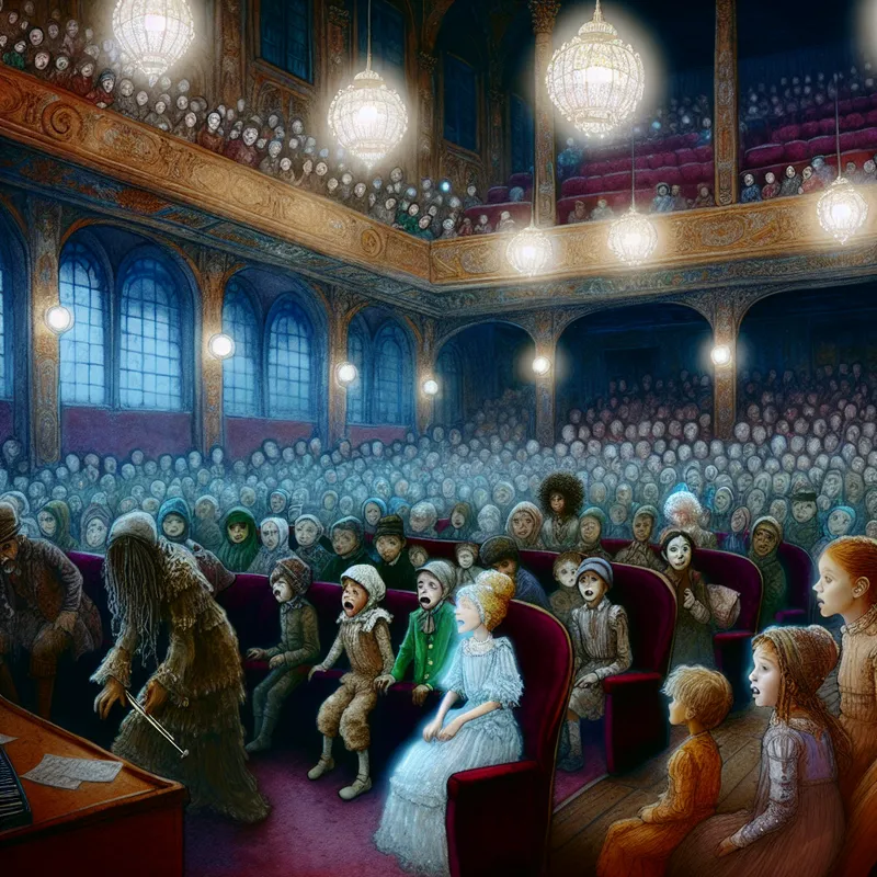 Een levendige zaal met een enthousiast publiek dat wacht op een voorstelling, waarbij kinderen fluisteren en verlangen naar de muziek.