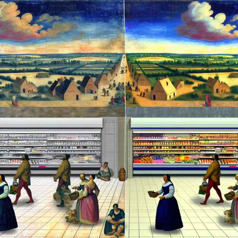 Een drukke supermarkt scène met twee concurrerende winkels, met een aantrekkelijke productpresentatie.