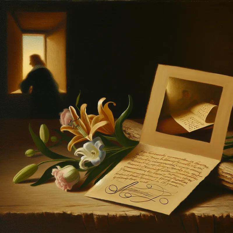 Close-up van een condolencekaart op een houten tafel met handgeschreven boodschap en verwelkte bloemen.