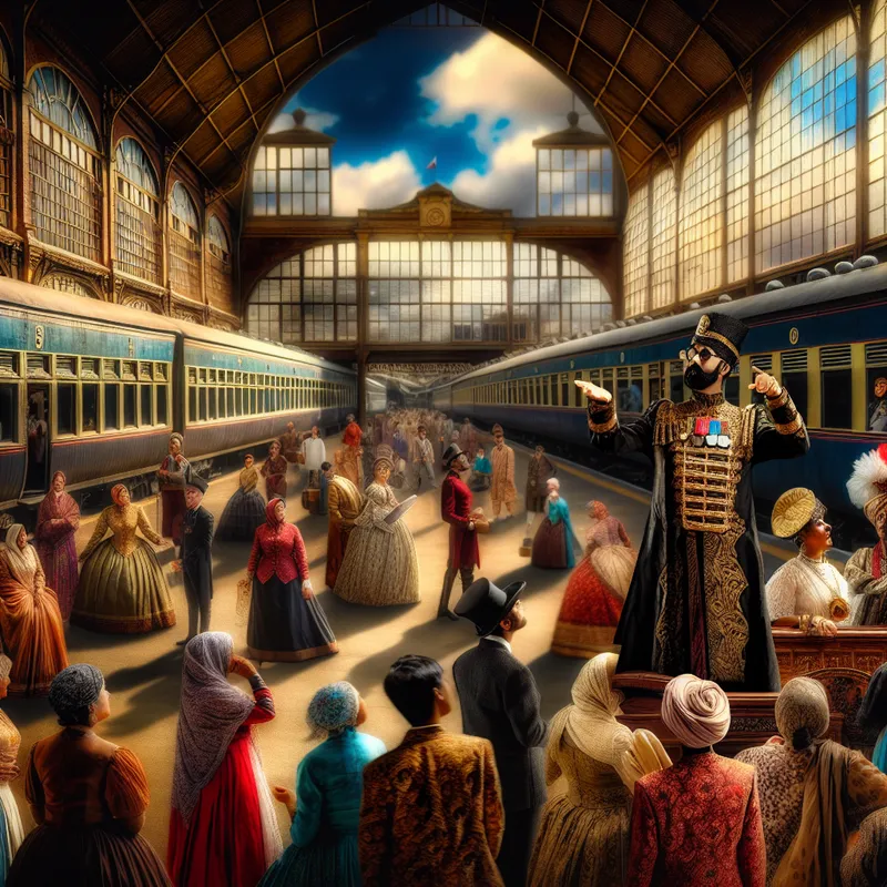 Een grote conducteur in het middelpunt van een druk treinstation, die zijn hand opsteekt om een belangrijke aankondiging te maken.